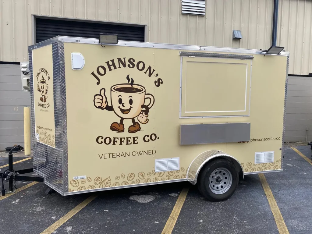 exterior design of a 7x14 custom coffee trailer for Johnsons Coffee CO