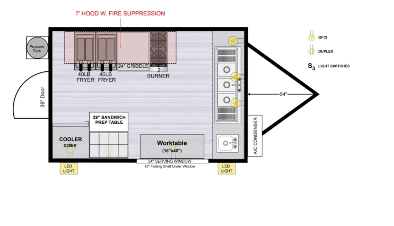 12 foot custom food concession trailer layout for sale commercial refrigerator freezers deep fryers sinks & all equipment to start a food trailer business